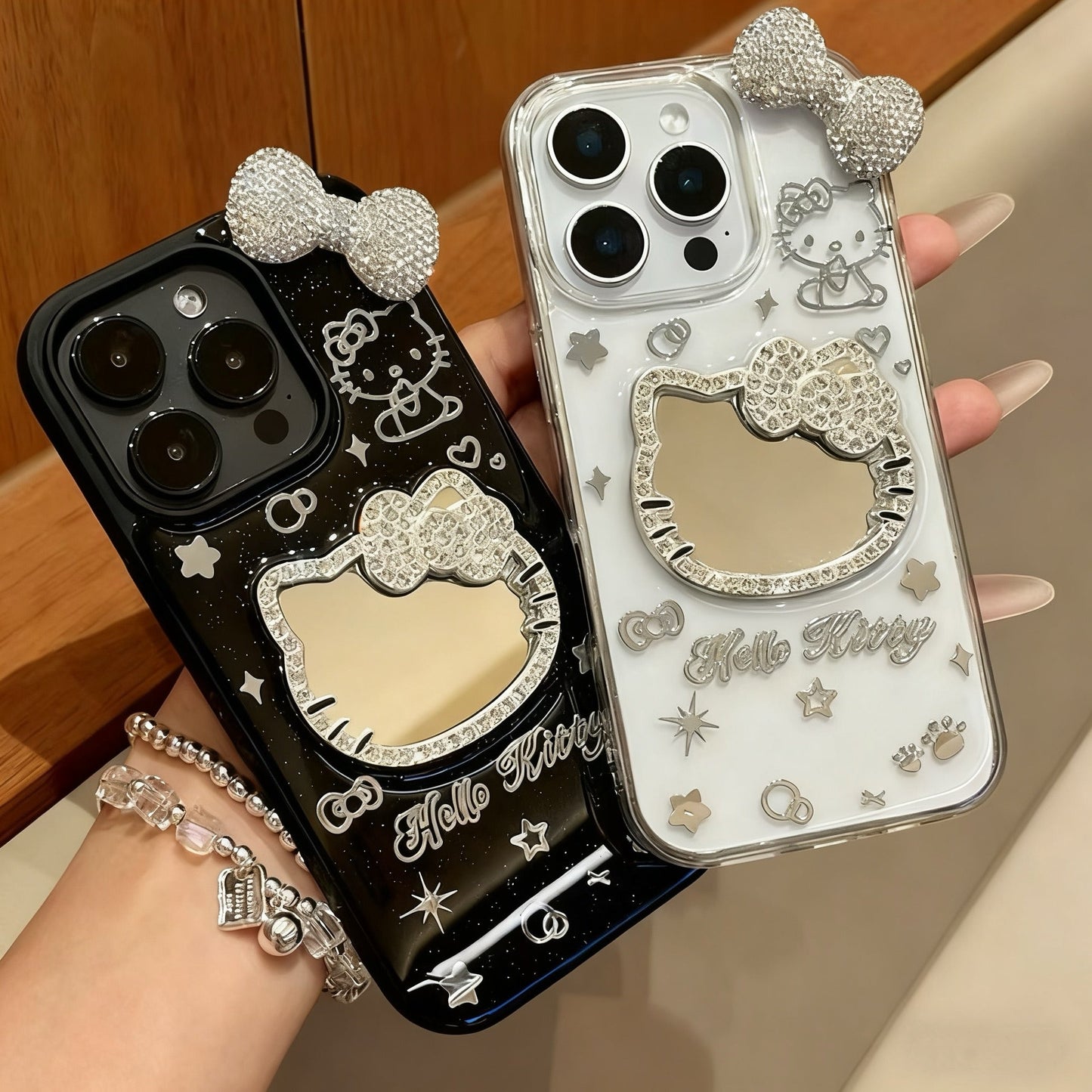 Android Transparent Rhinestone Kitty Mirror Bow Phone Case