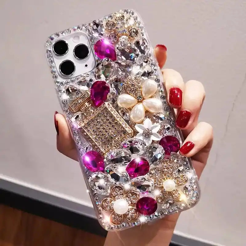 Perfume Bottle Pearl Sparkling Rhinestone Phone Case For iPhone Glitter Diamond Back Cover