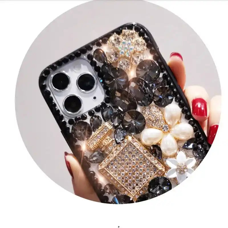 Perfume Bottle Pearl Sparkling Rhinestone Phone Case For iPhone Glitter Diamond Back Cover