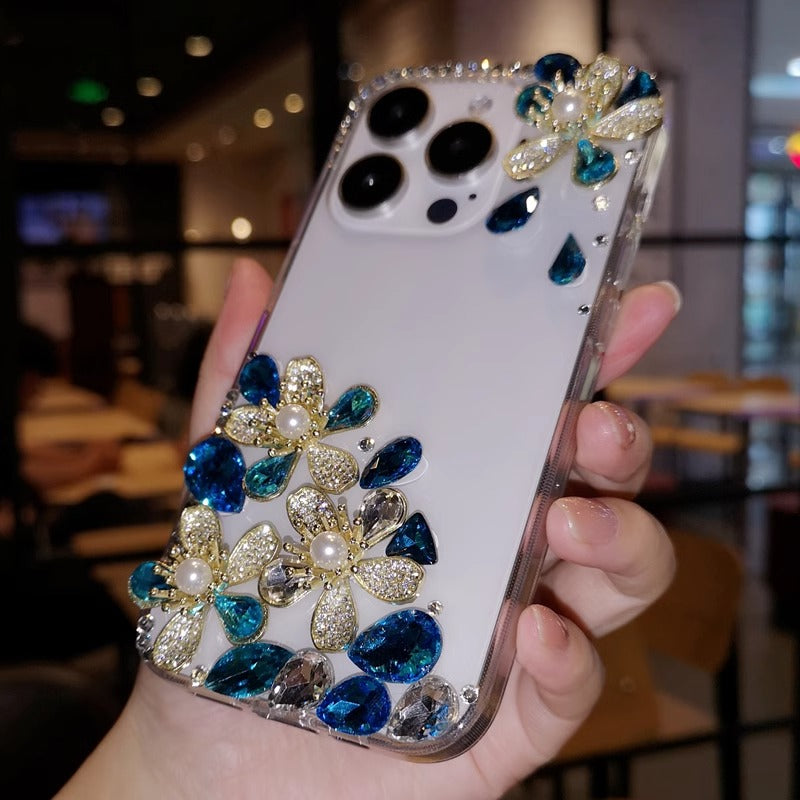 Handmade Minimalist Flowers Bling Crystal iPhone Case for iPhone 16 15 14 13 12 11 Plus Pro Max