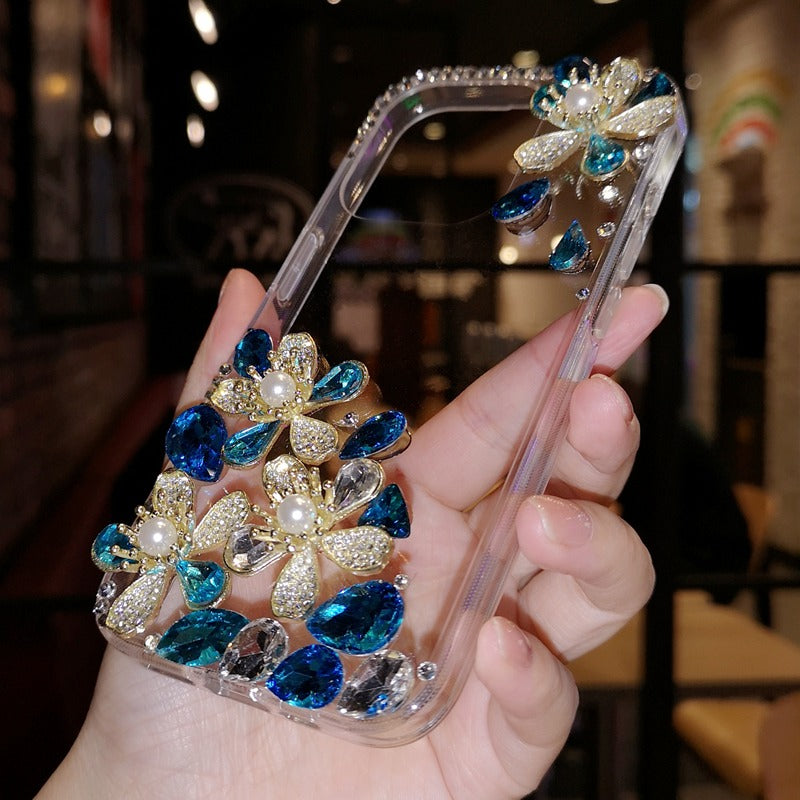 Handmade Minimalist Flowers Bling Crystal iPhone Case for iPhone 16 15 14 13 12 11 Plus Pro Max