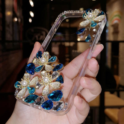 Handmade Minimalist Flowers Bling Crystal iPhone Case for iPhone 16 15 14 13 12 11 Plus Pro Max