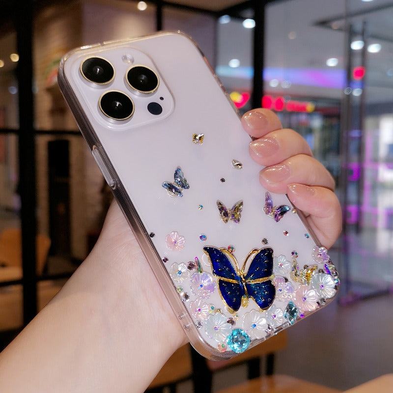 Handmade Minimalist Butterflies with Flowers iPhone Case for iPhone 16 15 14 13 12 11 Plus Pro Max