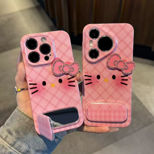 Pink checkered cat phone case with bow