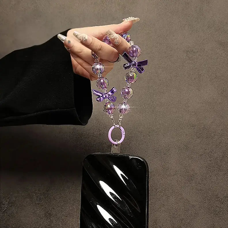 Handmade DIY Crystal Beads Bracelet Charm for Phone Case Pad Case Bumper Bags, Decorative Charm with Snowflake Design and White and Glittery Beads Keychain