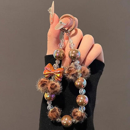 Handmade DIY Crystal Beads Bracelet Charm for Phone Case Pad Case Bumper Bags, Decorative Charm with Snowflake Design and White and Glittery Beads Keychain