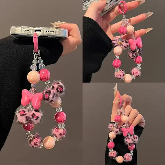 Handmade DIY Crystal Beads Bracelet Charm for Phone Case Pad Case Bumper Bags, Decorative Charm with Snowflake Design and White and Glittery Beads Keychain