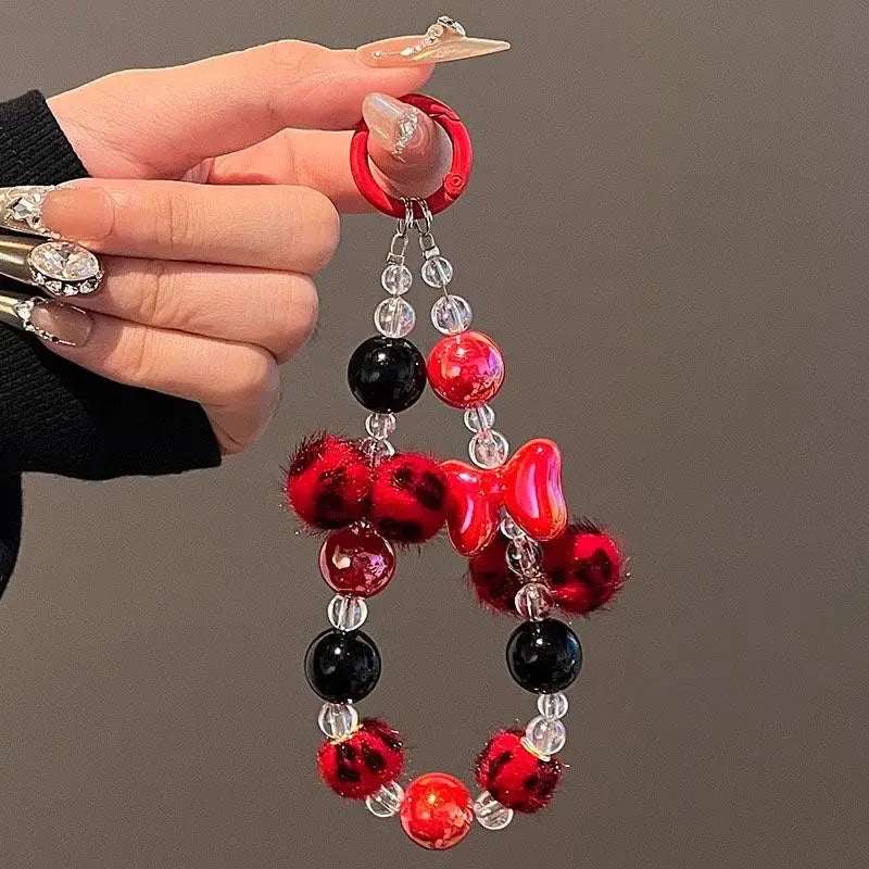 Handmade DIY Crystal Beads Bracelet Charm for Phone Case Pad Case Bumper Bags, Decorative Charm with Snowflake Design and White and Glittery Beads Keychain