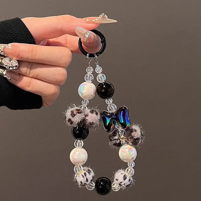 Handmade DIY Crystal Beads Bracelet Charm for Phone Case Pad Case Bumper Bags, Decorative Charm with Snowflake Design and White and Glittery Beads Keychain