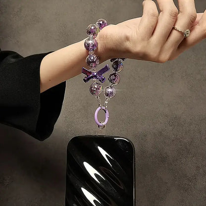 Handmade DIY Crystal Beads Bracelet Charm for Phone Case Pad Case Bumper Bags, Decorative Charm with Snowflake Design and White and Glittery Beads Keychain