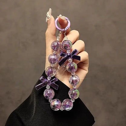 Handmade DIY Crystal Beads Bracelet Charm for Phone Case Pad Case Bumper Bags, Decorative Charm with Snowflake Design and White and Glittery Beads Keychain