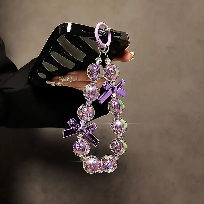 Handmade DIY Crystal Beads Bracelet Charm for Phone Case Pad Case Bumper Bags, Decorative Charm with Snowflake Design and White and Glittery Beads Keychain