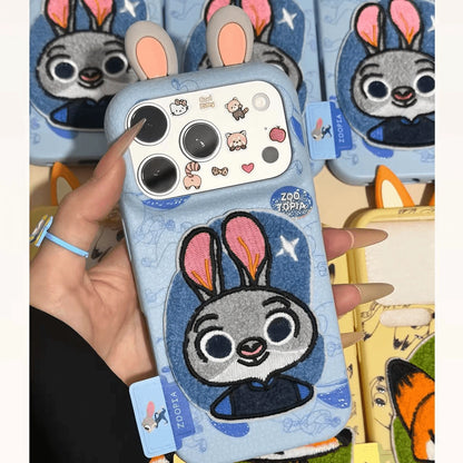 Embroidered Cartoons Rabbit Fox Leather Phone Case For All iPhone 17 Air Pro Max 16 Pro 15 14 13 12 11 Plus Cute Zootop Animals Fold Phone Airbag Bracket
