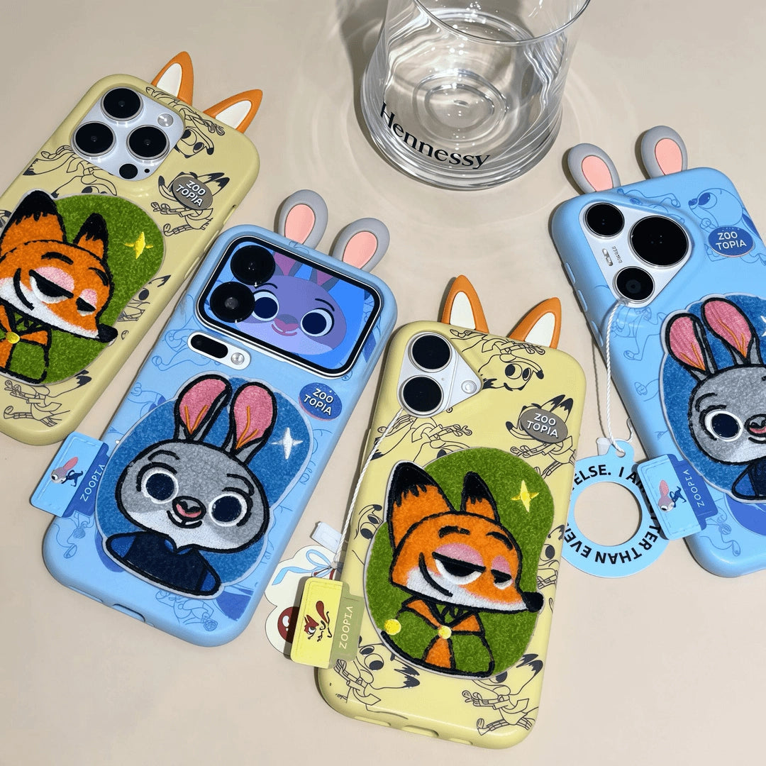 Embroidered Cartoons Rabbit Fox Leather Phone Case For All iPhone 17 Air Pro Max 16 Pro 15 14 13 12 11 Plus Cute Zootop Animals Fold Phone Airbag Bracket