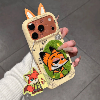 Embroidered Cartoons Rabbit Fox Leather Phone Case For All iPhone 17 Air Pro Max 16 Pro 15 14 13 12 11 Plus Cute Zootop Animals Fold Phone Airbag Bracket