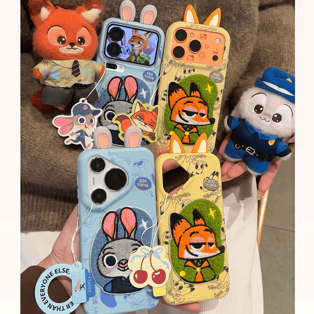 Embroidered Cartoons Rabbit Fox Leather Phone Case For All iPhone 17 Air Pro Max 16 Pro 15 14 13 12 11 Plus Cute Zootop Animals Fold Phone Airbag Bracket