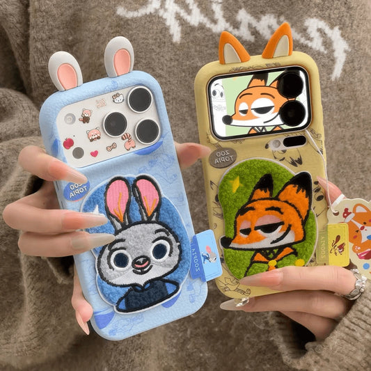 Embroidered Cartoons Rabbit Fox Leather Phone Case For All iPhone 17 Air Pro Max 16 Pro 15 14 13 12 11 Plus Cute Zootop Animals Fold Phone Airbag Bracket