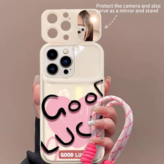Pink heart-shaped lucky flip mirror phone case
