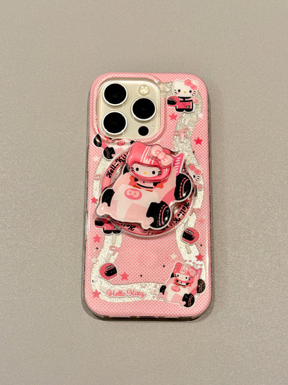 Kitty Pink Racing Glitter Cute Kawaii MagSafe Case + MagSafe Stand Holder / Phone Grip