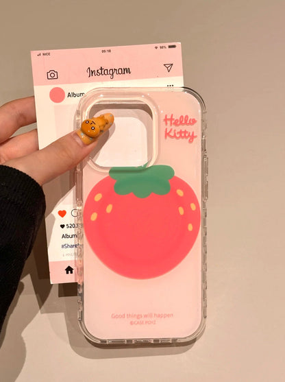 Kitty Pink Strawberry Clear Cute Kawaii MagSafe Case + MagSafe Stand Holder / Phone Grip