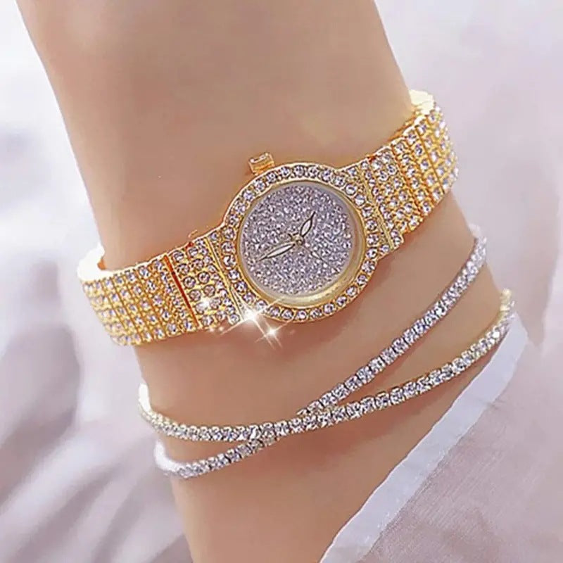 Diamond-encrusted Quartz Watch with Bracelet Set