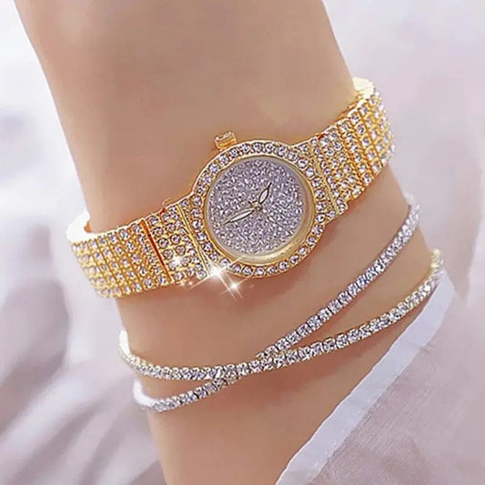 Diamond-encrusted Quartz Watch with Bracelet Set