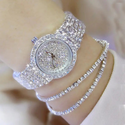 Diamond-encrusted Quartz Watch with Bracelet Set