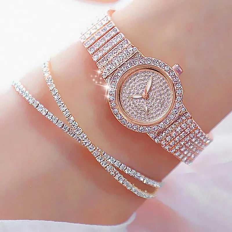 Diamond-encrusted Quartz Watch with Bracelet Set