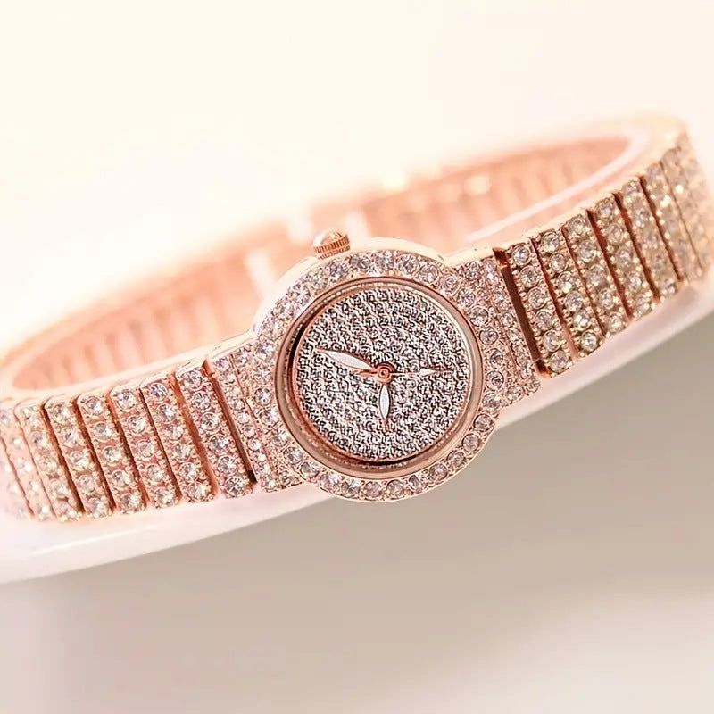 Diamond-encrusted Quartz Watch with Bracelet Set