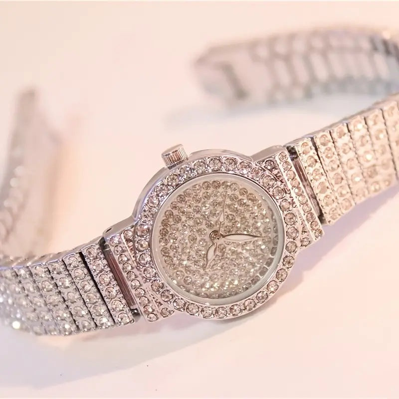 Diamond-encrusted Quartz Watch with Bracelet Set