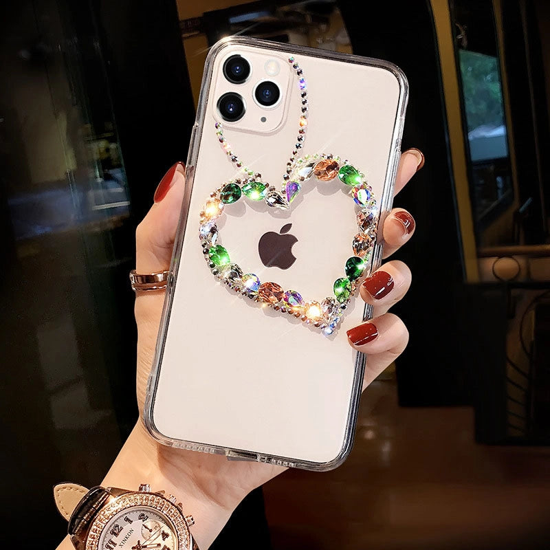 Handmade Crystal Bling Heart Clear Phone Case for iPhone 17 16 15 14 13 12 11 Plus Pro Max SE 7 8 6