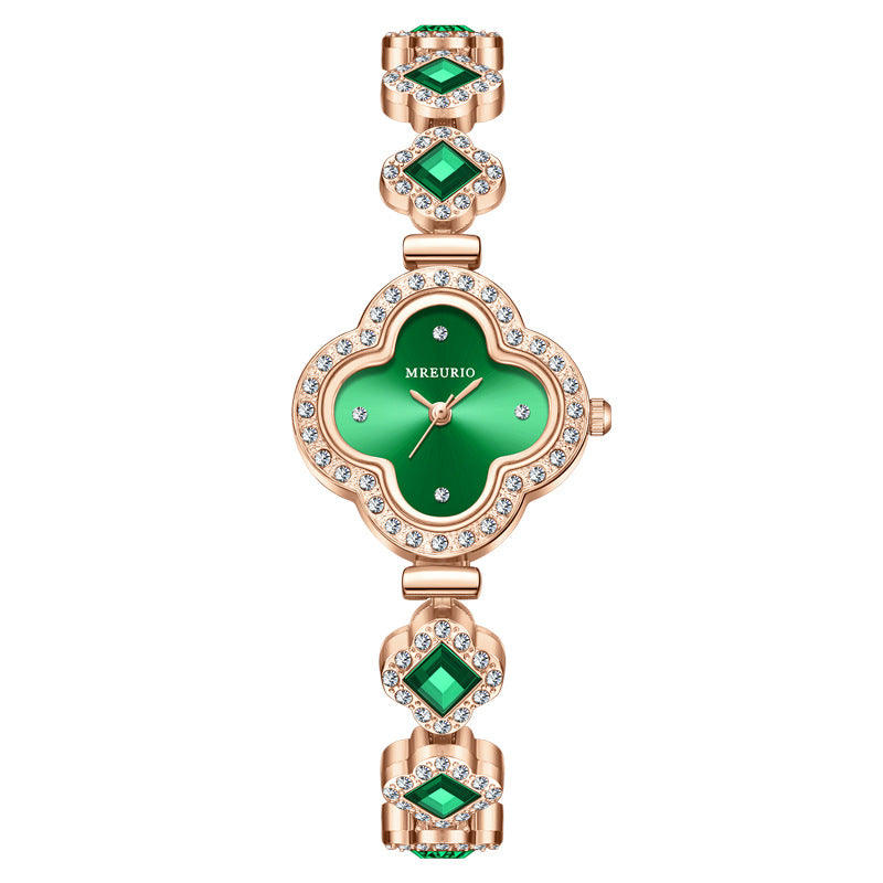 Diamond-encrusted Four-leaf Clover Emerald Bracelet Quartz Watch