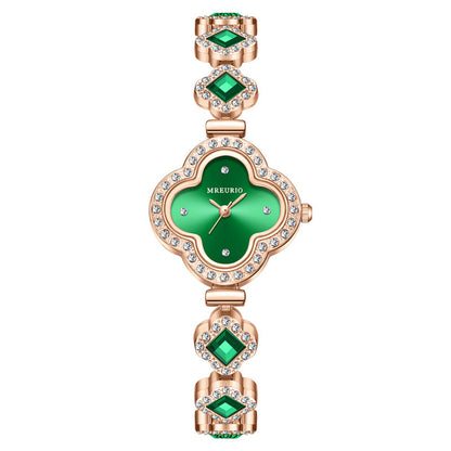 Diamond-encrusted Four-leaf Clover Emerald Bracelet Quartz Watch