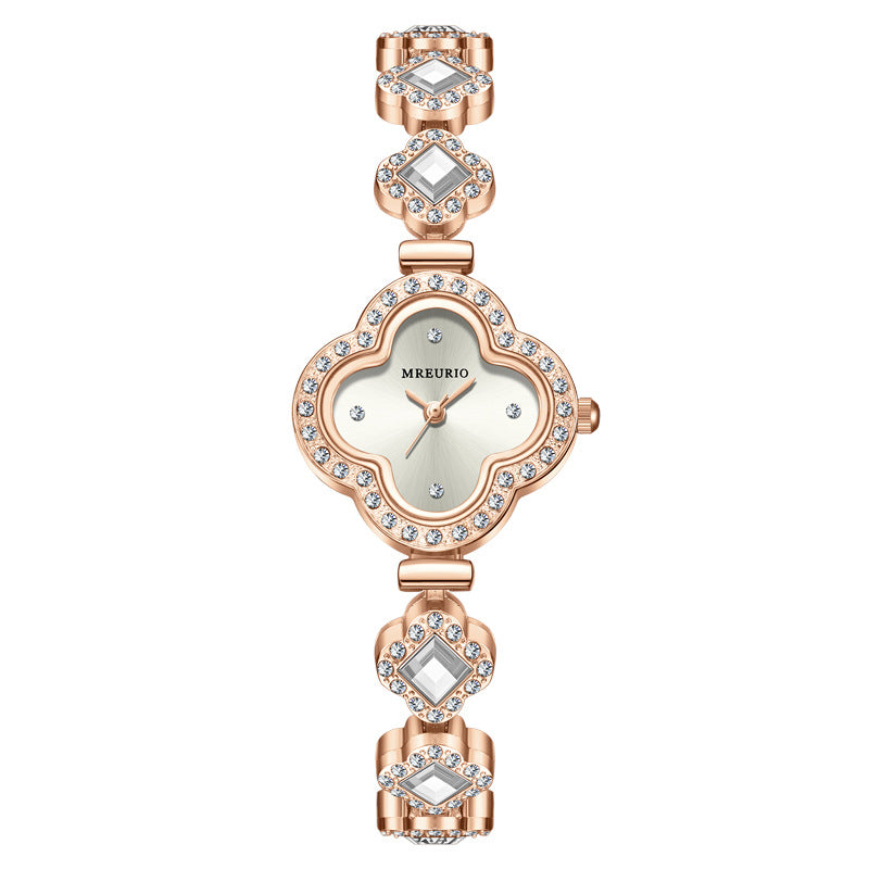 Diamond-encrusted Four-leaf Clover Emerald Bracelet Quartz Watch