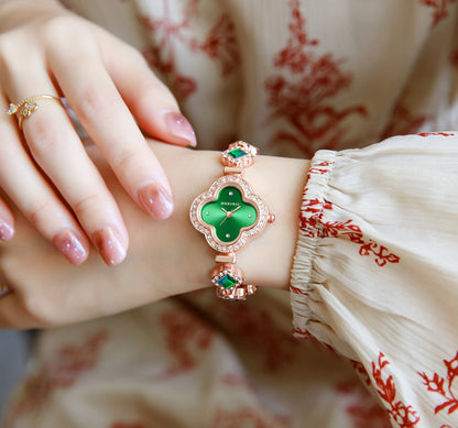 Diamond-encrusted Four-leaf Clover Emerald Bracelet Quartz Watch