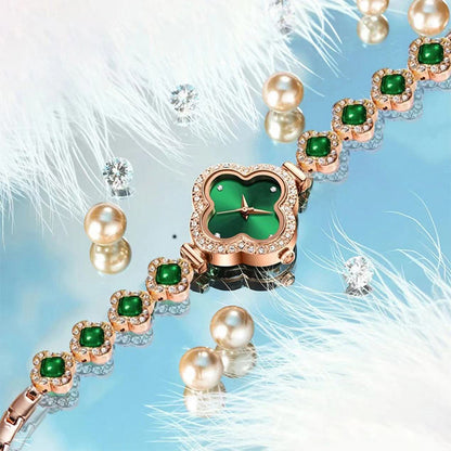 Diamond-encrusted Four-leaf Clover Emerald Bracelet Quartz Watch