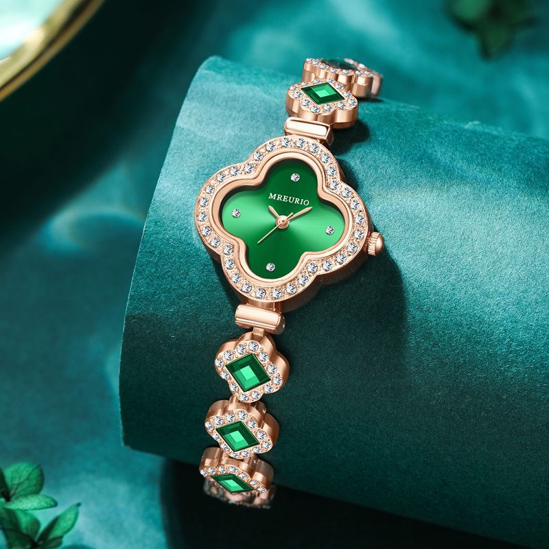 Diamond-encrusted Four-leaf Clover Emerald Bracelet Quartz Watch