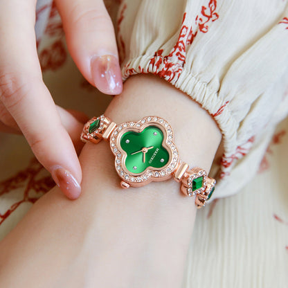 Diamond-encrusted Four-leaf Clover Emerald Bracelet Quartz Watch