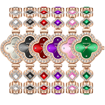 Diamond-encrusted Four-leaf Clover Emerald Bracelet Quartz Watch