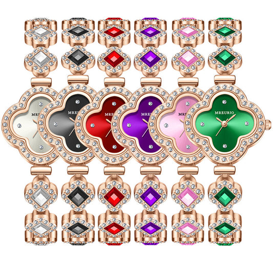 Diamond-encrusted Four-leaf Clover Emerald Bracelet Quartz Watch