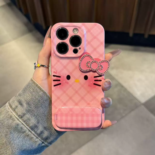 Pink checkered cat phone case with bow