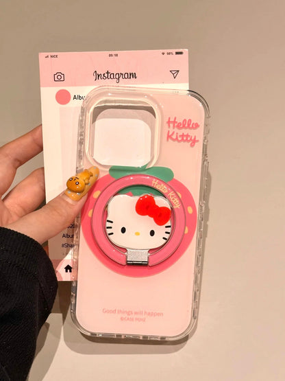 Kitty Pink Strawberry Clear Cute Kawaii MagSafe Case + MagSafe Stand Holder / Phone Grip