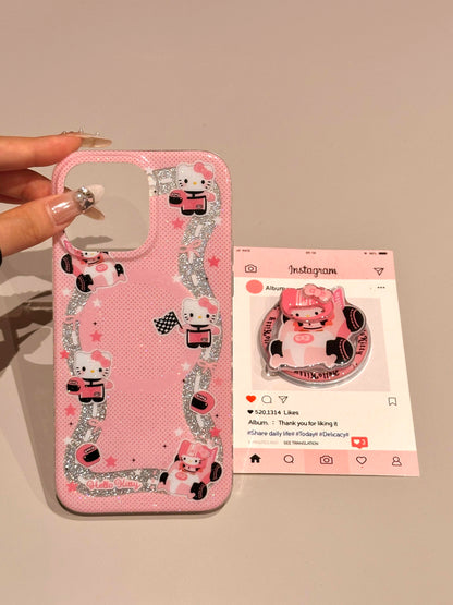 Kitty Pink Racing Glitter Cute Kawaii MagSafe Case + MagSafe Stand Holder / Phone Grip