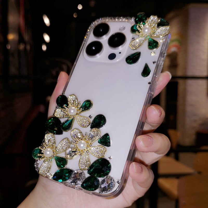 Handmade Minimalist Flowers Bling Crystal iPhone Case for iPhone 16 15 14 13 12 11 Plus Pro Max