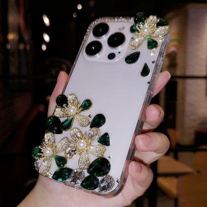 Handmade Minimalist Flowers Bling Crystal iPhone Case for iPhone 16 15 14 13 12 11 Plus Pro Max