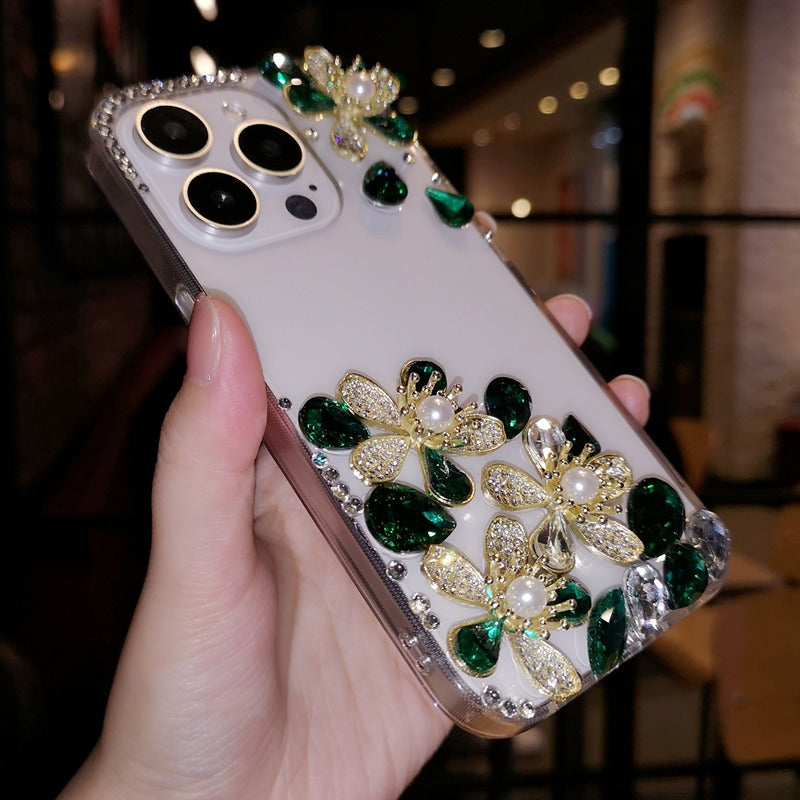 Handmade Minimalist Flowers Bling Crystal iPhone Case for iPhone 16 15 14 13 12 11 Plus Pro Max