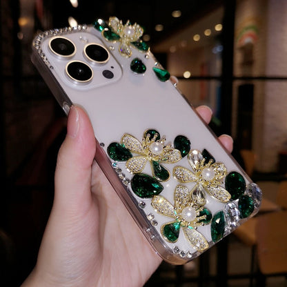 Handmade Minimalist Flowers Bling Crystal iPhone Case for iPhone 16 15 14 13 12 11 Plus Pro Max