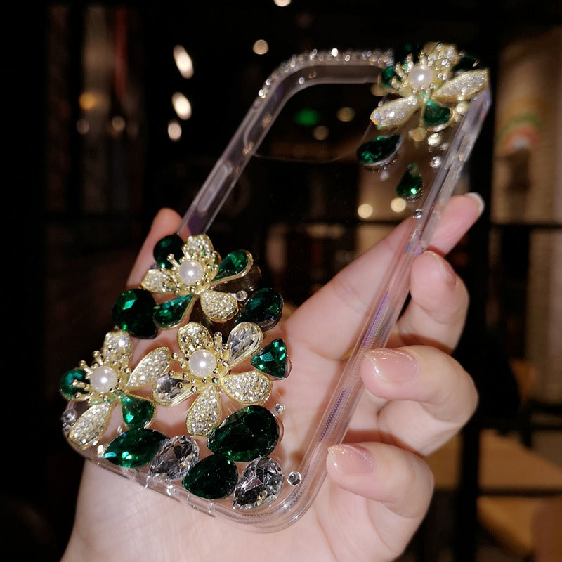 Handmade Minimalist Flowers Bling Crystal iPhone Case for iPhone 16 15 14 13 12 11 Plus Pro Max