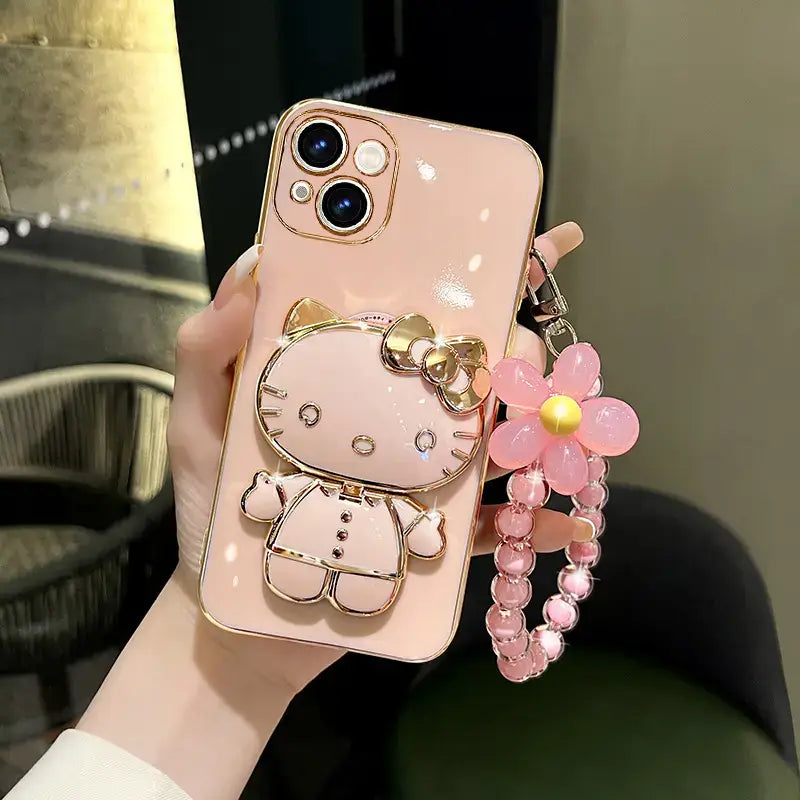 iPhone Mirror Case Cartoon Kitty Phone Cover For iPhone With Crystal Bracelet