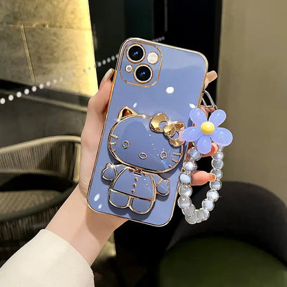 iPhone Mirror Case Cartoon Kitty Phone Cover For iPhone With Crystal Bracelet